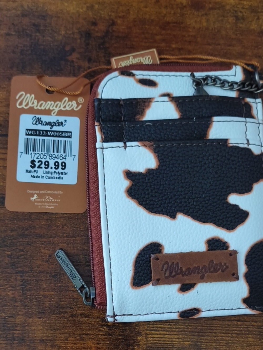 Wrangler Cow Print Card Wallet - White, Black & Brown Trim